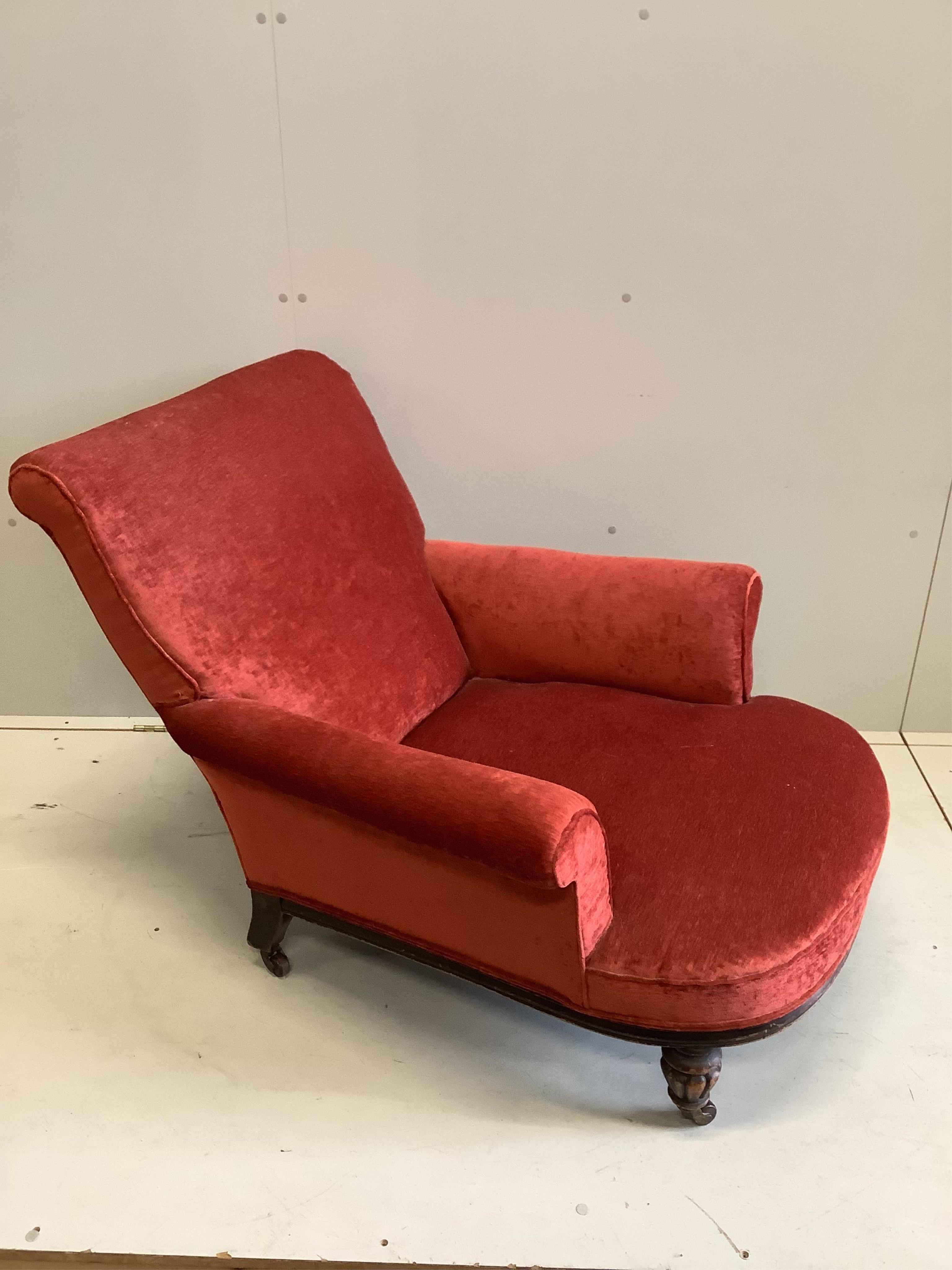 A Victorian James Shoolbred upholstered armchair, width 86cm, depth 94cm, height 82cm. Condition - good